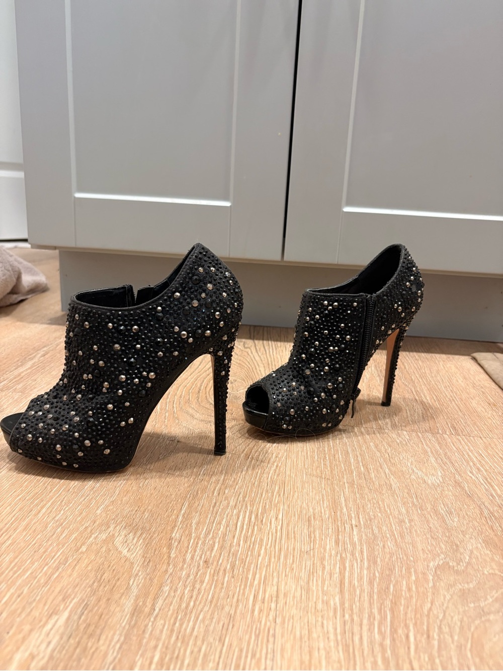 Black Embellished Peep-Toe High Heel Booties